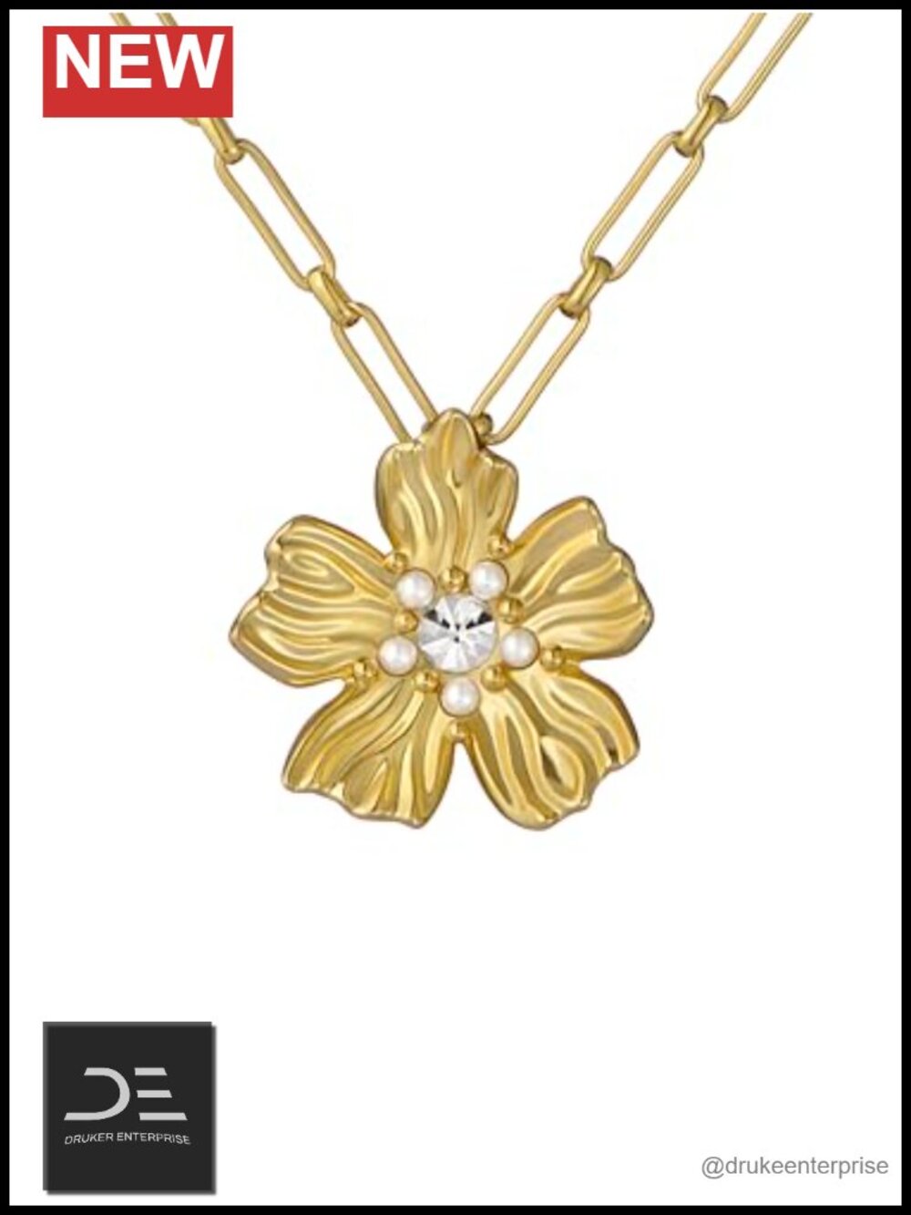 Gold-Tone Plated Faux Pearl Flower Statement Pendant Necklace